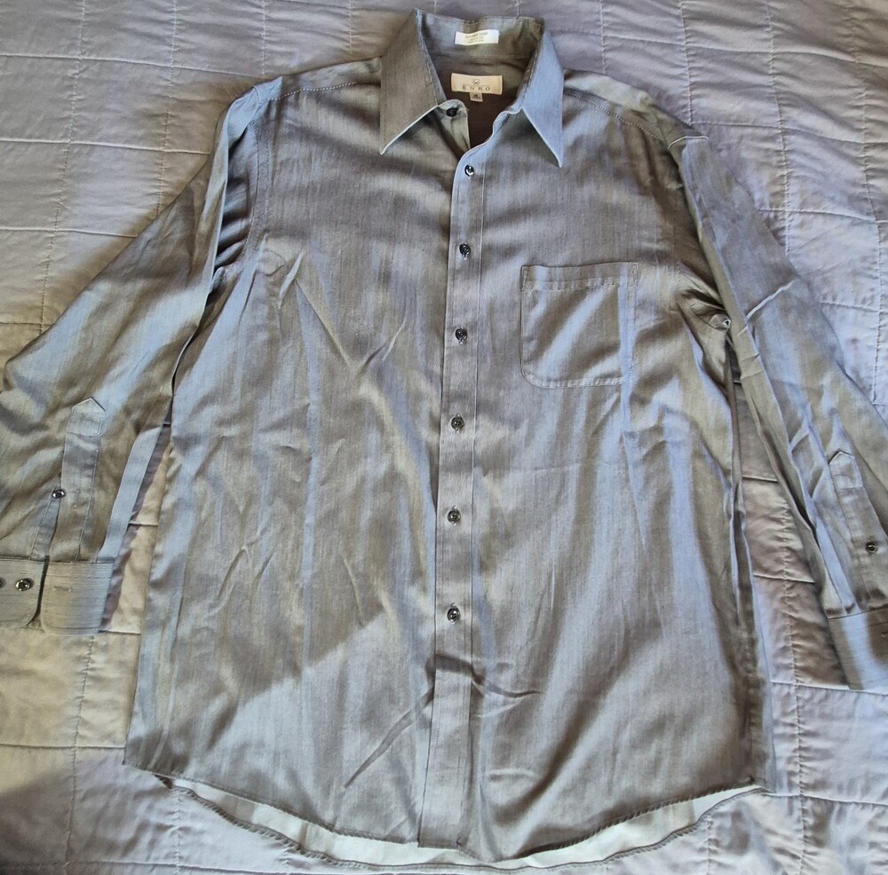 Enro Shirt Mens 16 32-33 Gray Non Iron Dobby Dress Button Up Long Sleeve Pocket